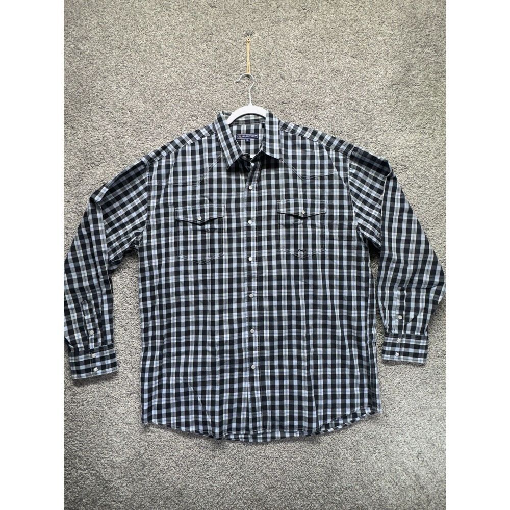 Roper Men's XL Black Blue Plaid Pearl Snap Long Sleeve Button Down Western Shirt